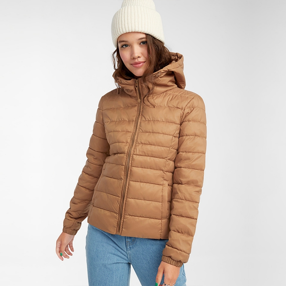 Simons packable cropped light puff jacket in taupe/khaki